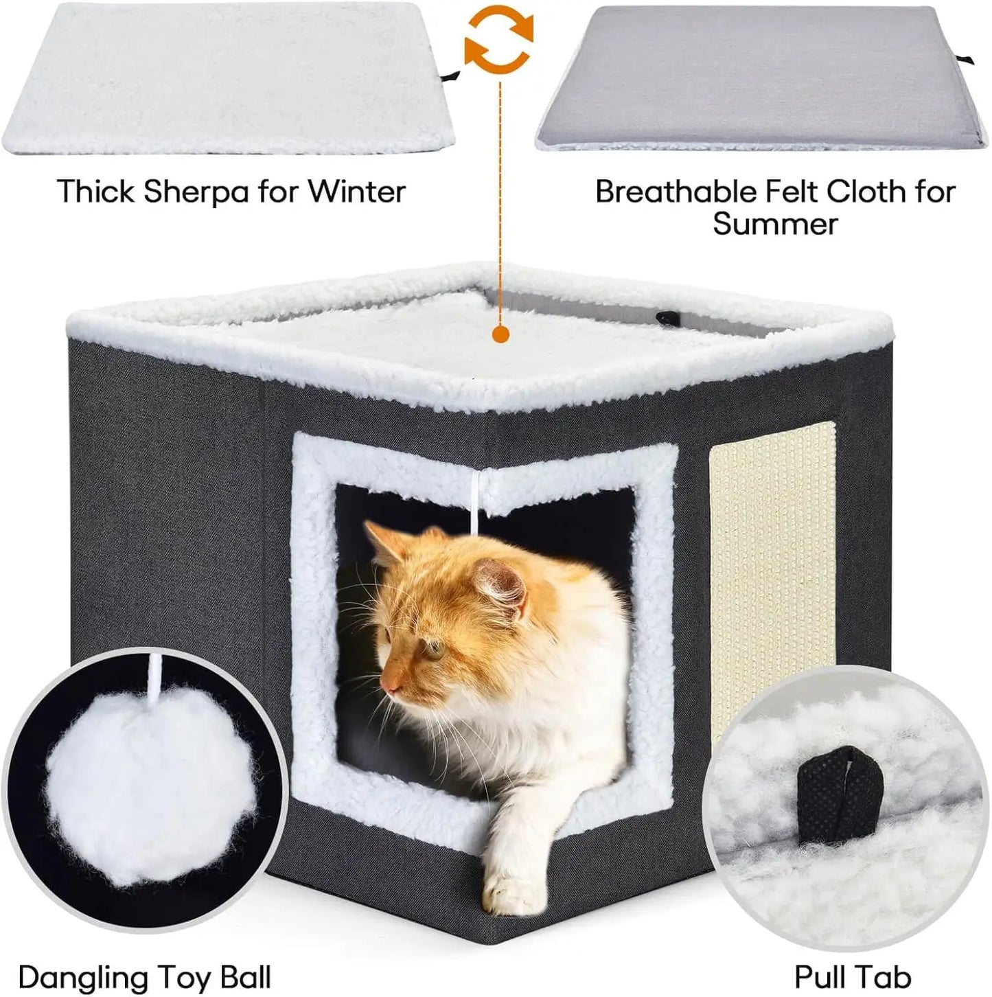 Cat Bed for Indoor Cats, Large Covered Cat House with Scratch Pad, Foldable Cat Cave Bed & Hideaway Cube with Reversible Cushion
