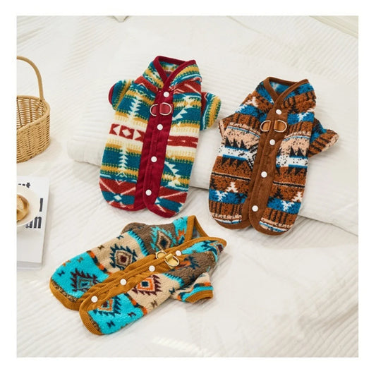 Boho Chic Dog Clothes Cat Winter Wear, Traditional Pattern Vest with Back Opening, Cozy Two-Legs Pet Sweater