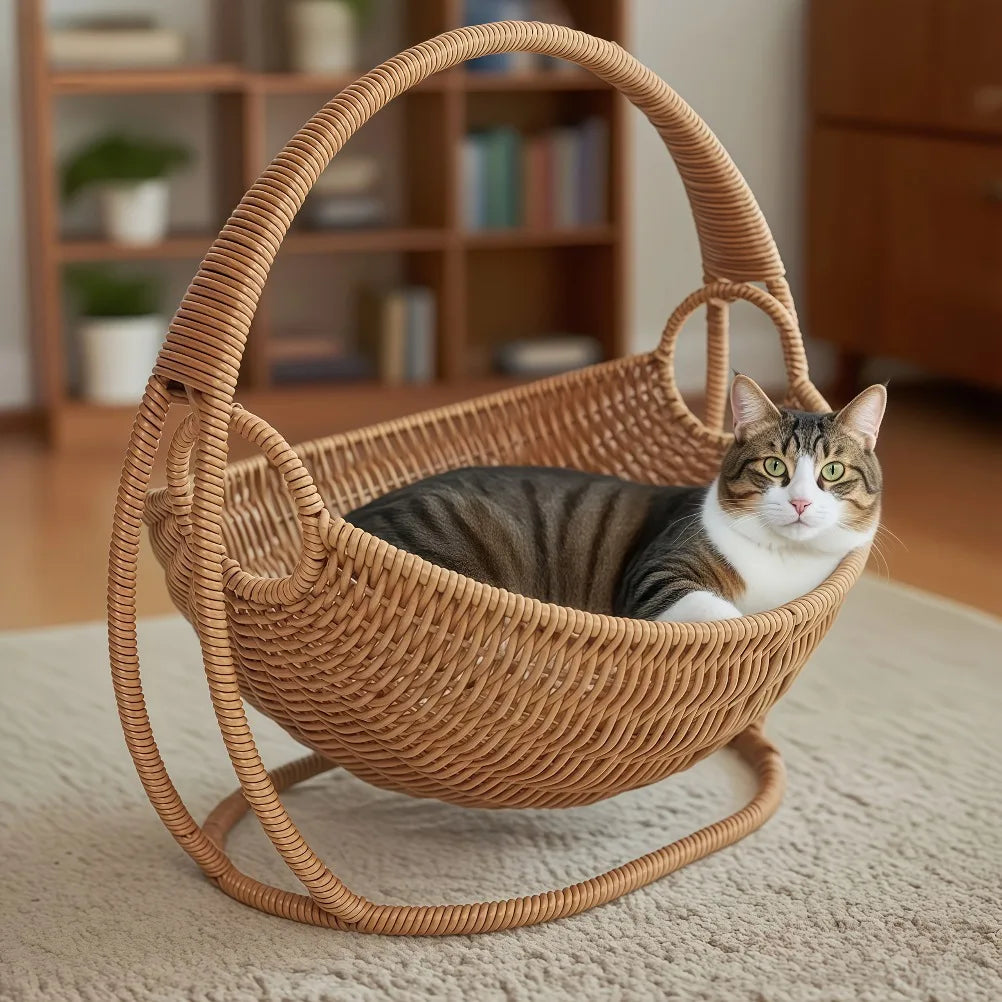 Cat Hammock with Bracket Indoor Hanging Pet Beds for Cats and Small Pets Weight Bearing 6.61 Pounds (3 Kilograms) Rattan Design