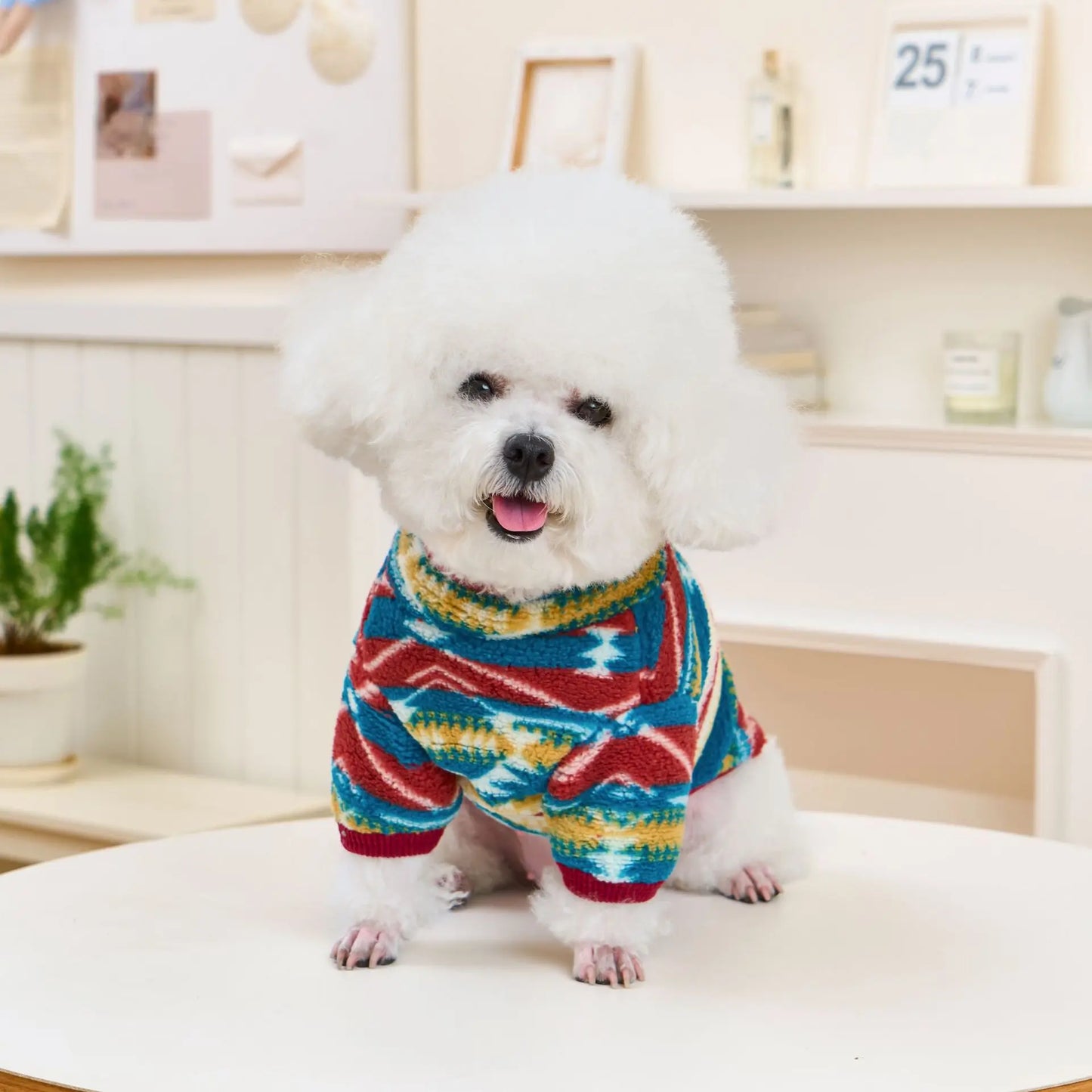 Boho Chic Dog Clothes Cat Winter Wear, Traditional Pattern Vest with Back Opening, Cozy Two-Legs Pet Sweater
