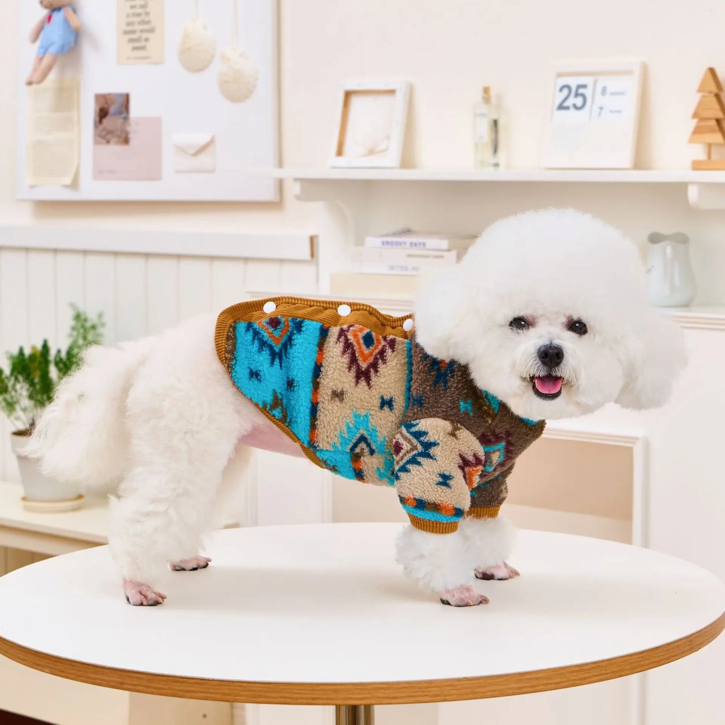 Boho Chic Dog Clothes Cat Winter Wear, Traditional Pattern Vest with Back Opening, Cozy Two-Legs Pet Sweater