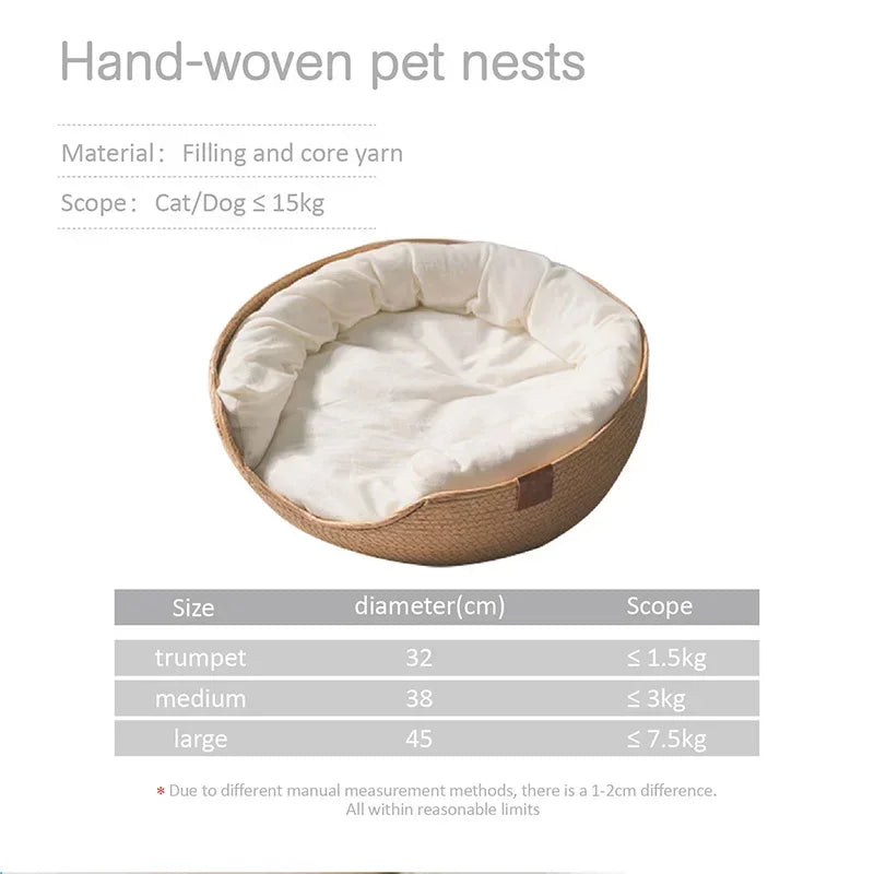 OUZEY Handmade Rattan Weaving Pet Cats Bed Comfortable Sleeping Breathable Cat Baskets Large Capacity Kitten Puppy Nesk Cushion