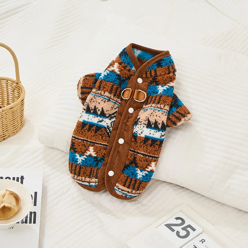 Boho Chic Dog Clothes Cat Winter Wear, Traditional Pattern Vest with Back Opening, Cozy Two-Legs Pet Sweater
