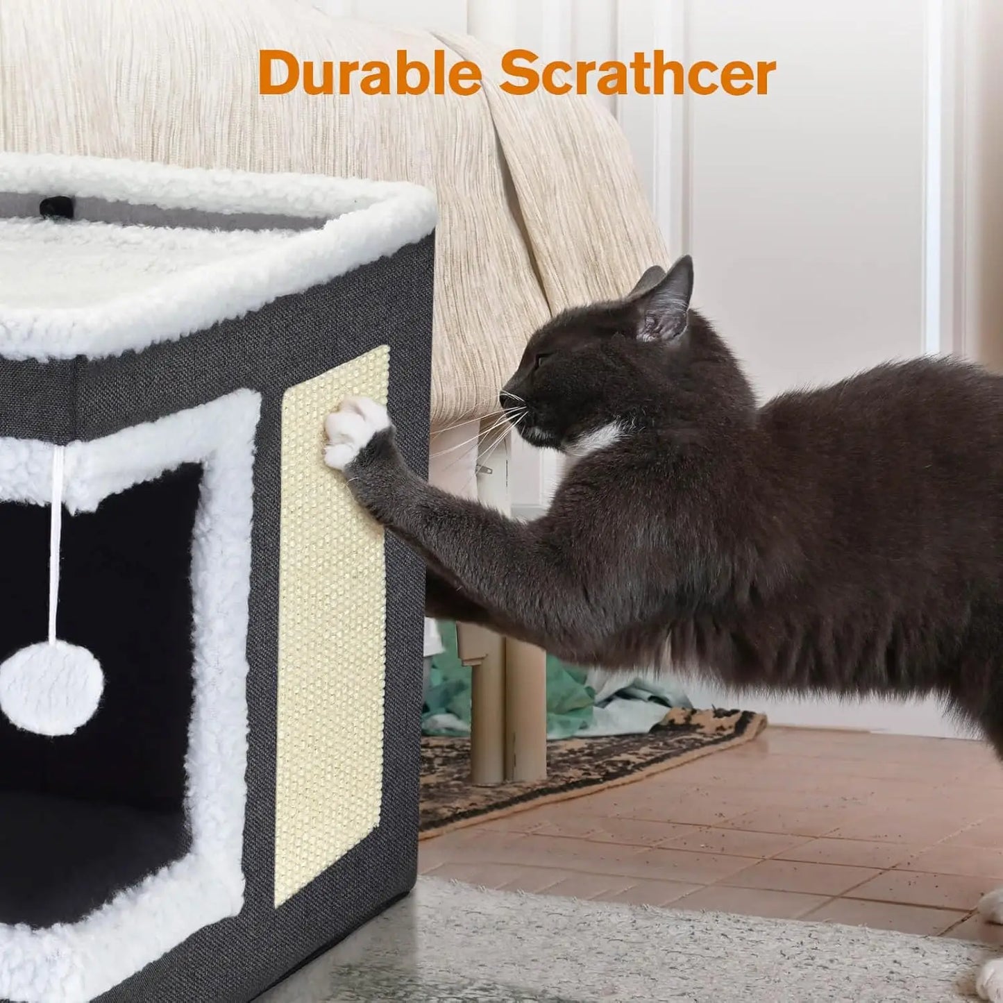 Cat Bed for Indoor Cats, Large Covered Cat House with Scratch Pad, Foldable Cat Cave Bed & Hideaway Cube with Reversible Cushion