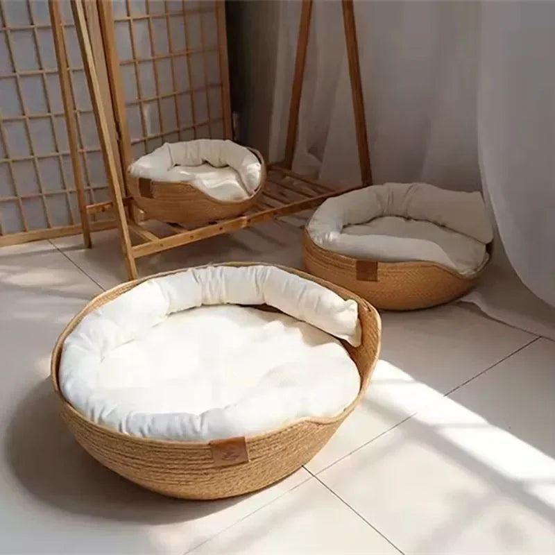 OUZEY Handmade Rattan Weaving Pet Cats Bed Comfortable Sleeping Breathable Cat Baskets Large Capacity Kitten Puppy Nesk Cushion