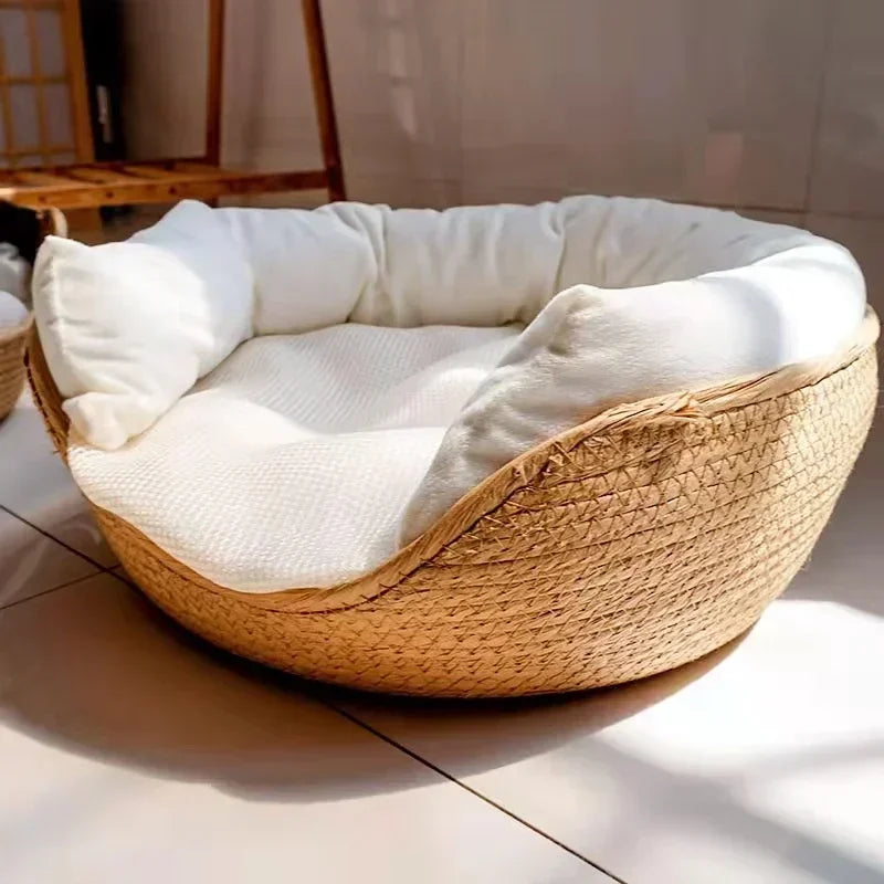OUZEY Handmade Rattan Weaving Pet Cats Bed Comfortable Sleeping Breathable Cat Baskets Large Capacity Kitten Puppy Nesk Cushion