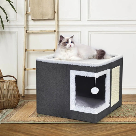 Cat Bed for Indoor Cats, Large Covered Cat House with Scratch Pad, Foldable Cat Cave Bed & Hideaway Cube with Reversible Cushion