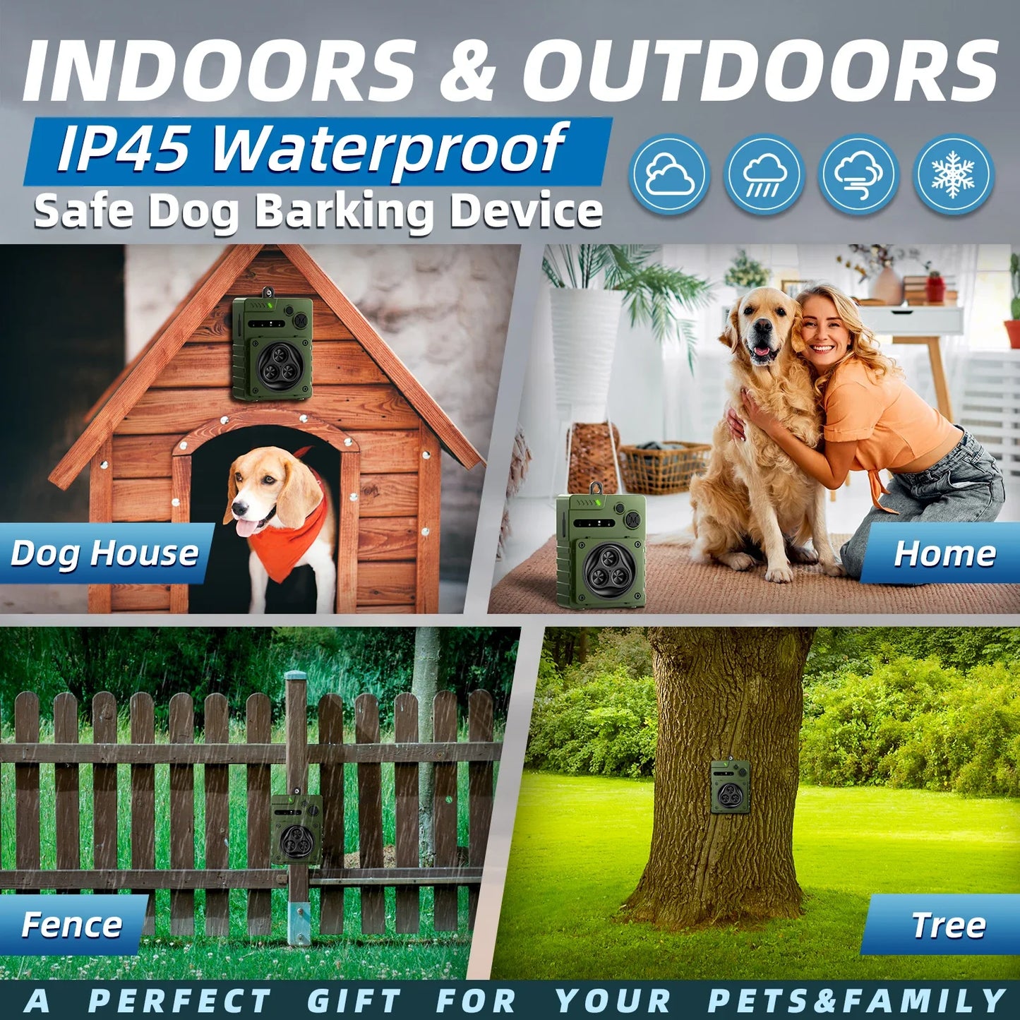 PuPoPan Bark Repellent Automatic Ultrasonic Dog Anti-Bark Device Rechargeable High Power Indoor & Outdoor Dog Barking Stopper