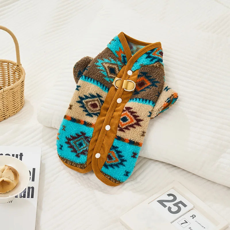 Boho Chic Dog Clothes Cat Winter Wear, Traditional Pattern Vest with Back Opening, Cozy Two-Legs Pet Sweater