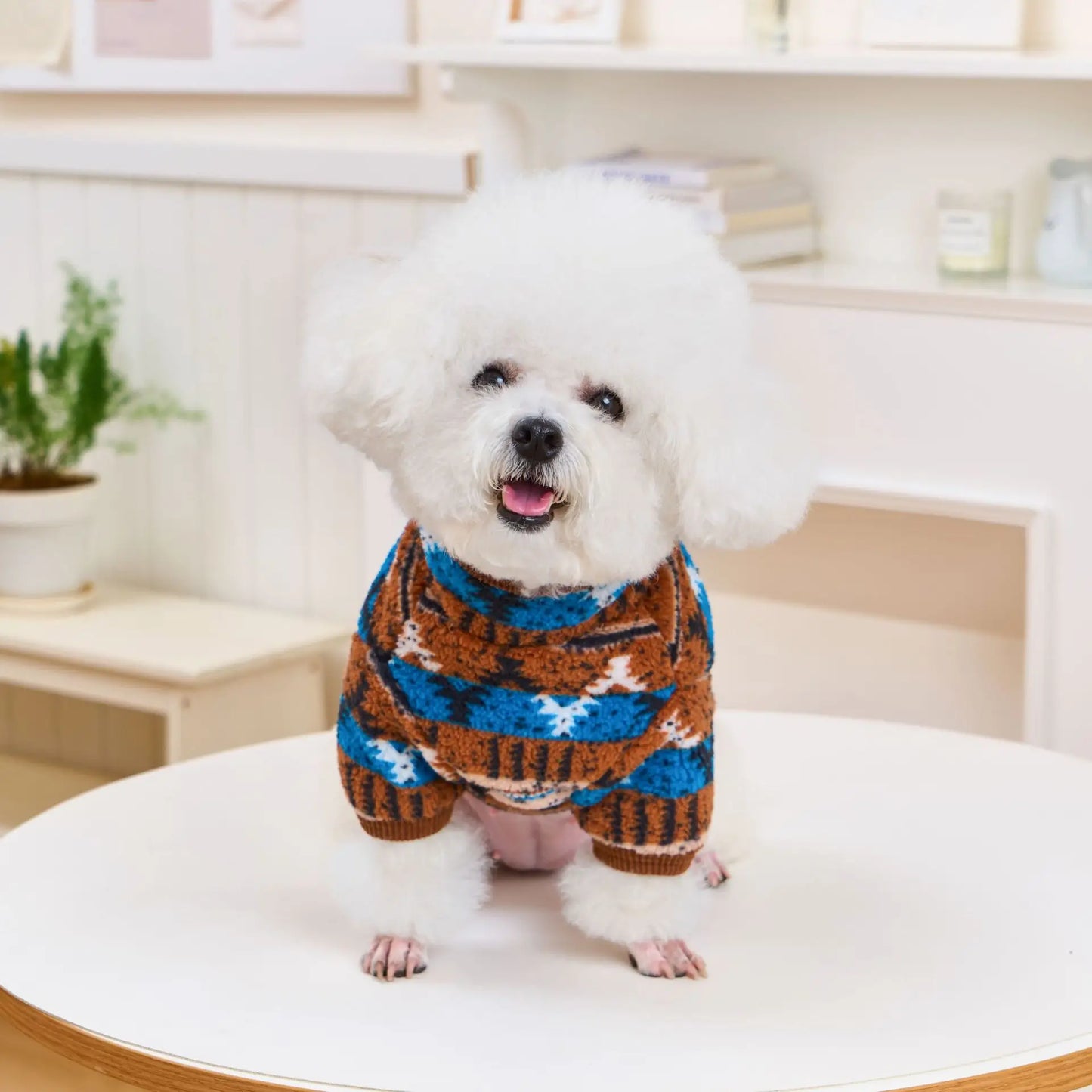 Boho Chic Dog Clothes Cat Winter Wear, Traditional Pattern Vest with Back Opening, Cozy Two-Legs Pet Sweater