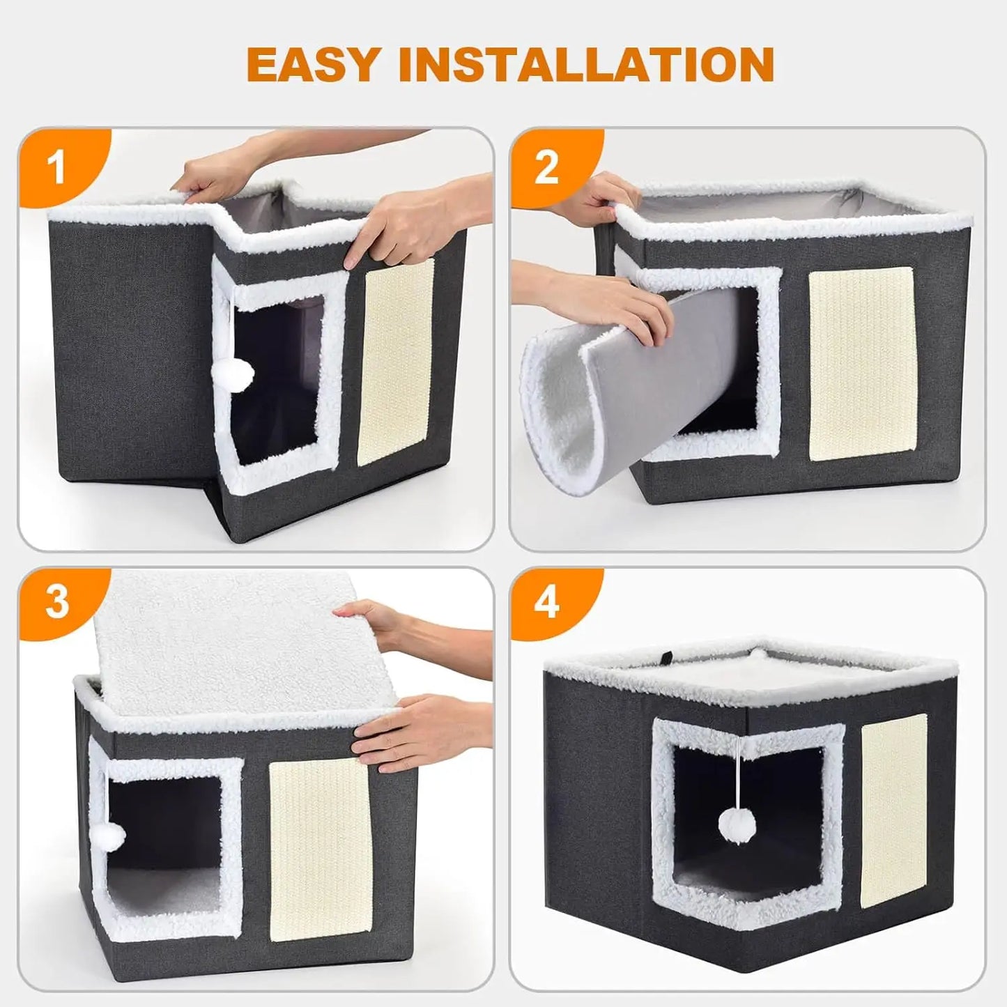 Cat Bed for Indoor Cats, Large Covered Cat House with Scratch Pad, Foldable Cat Cave Bed & Hideaway Cube with Reversible Cushion