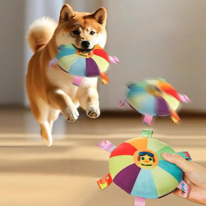 Funny Rainbow Plush Flying Saucer Dog Toys Outdoor Interactive Training Games Chew Toy Pets Flying Discs Toys with Bells