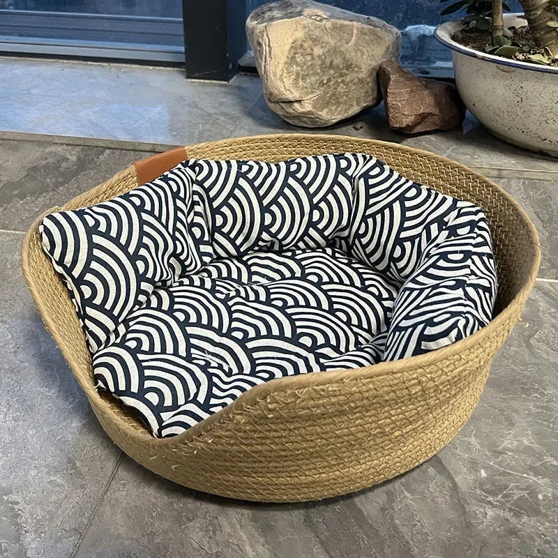 OUZEY Handmade Rattan Weaving Pet Cats Bed Comfortable Sleeping Breathable Cat Baskets Large Capacity Kitten Puppy Nesk Cushion