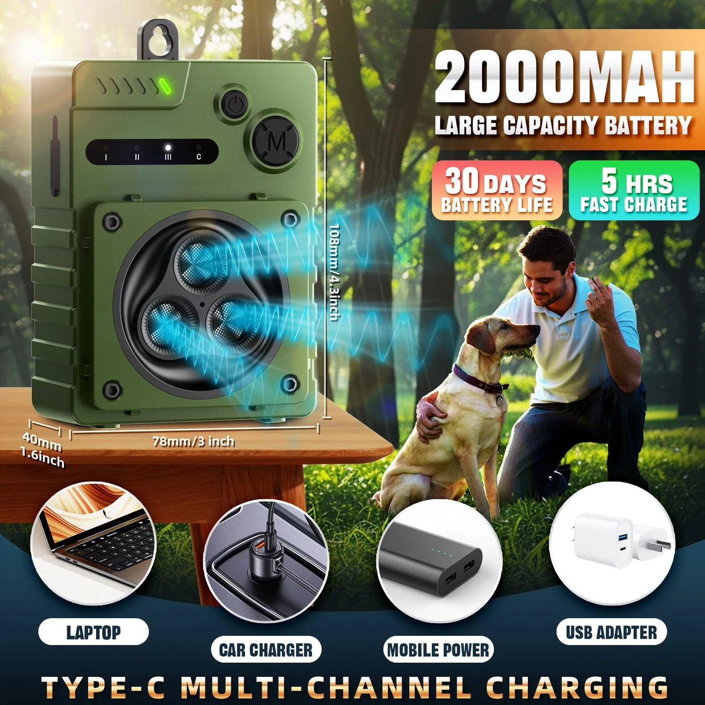 PuPoPan Bark Repellent Automatic Ultrasonic Dog Anti-Bark Device Rechargeable High Power Indoor & Outdoor Dog Barking Stopper