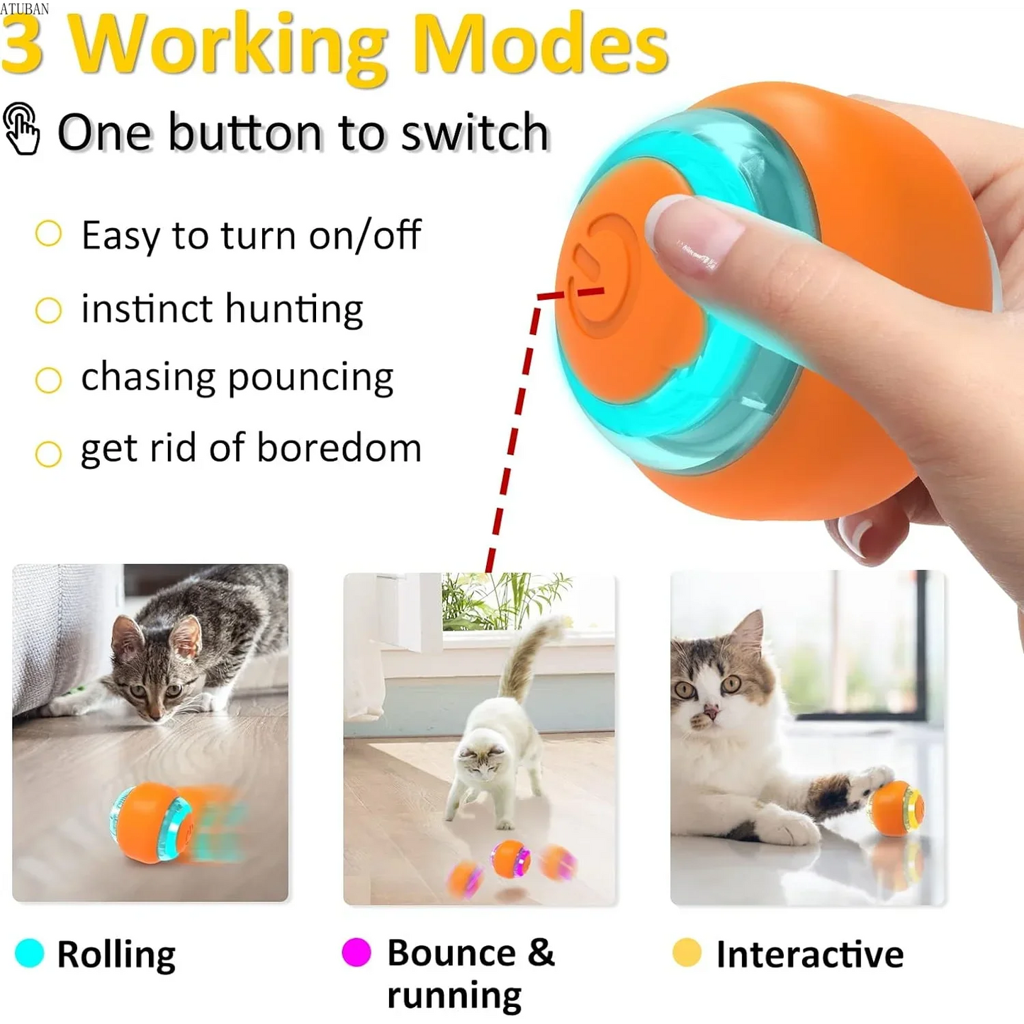 ATUBAN Moving Cat Toy Ball,Motion Activated Cat Toy for Indoor Cat,Interactive Cat Ball,Smart Cat Toy for Exercise Entertainment