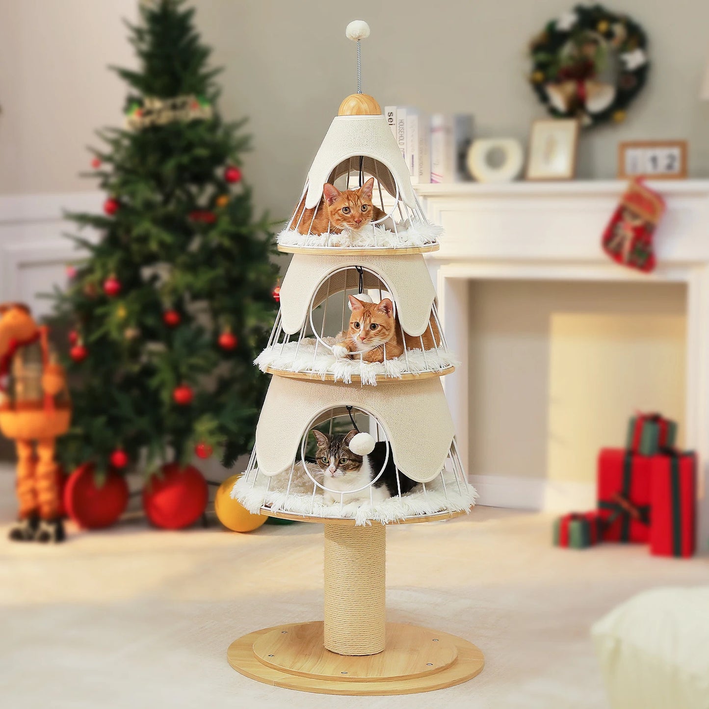 Christmas Cat Tree with 3 Cozy Condos, Sisal Scratching Post, Multi-Level Cat Tower, Cat House Bed for Indoor, Cat Furniture
