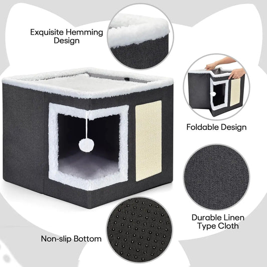 Cat Bed for Indoor Cats, Large Covered Cat House with Scratch Pad, Foldable Cat Cave Bed & Hideaway Cube with Reversible Cushion