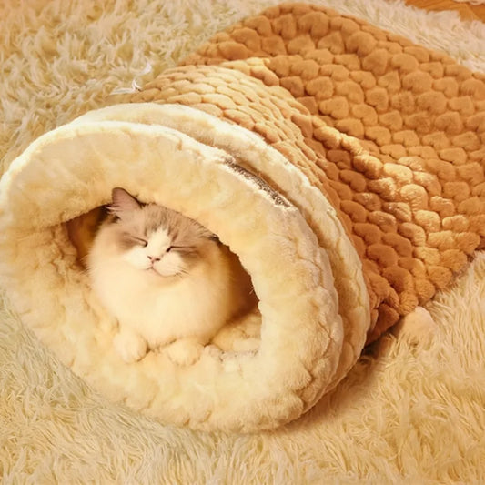 Cat Sleeping Bag Enclosed Upgraded With Tunnel Hole Plush Bunny Fur Cozy Cave For Cats And Kittens Bedroom Autumn Winter Gift