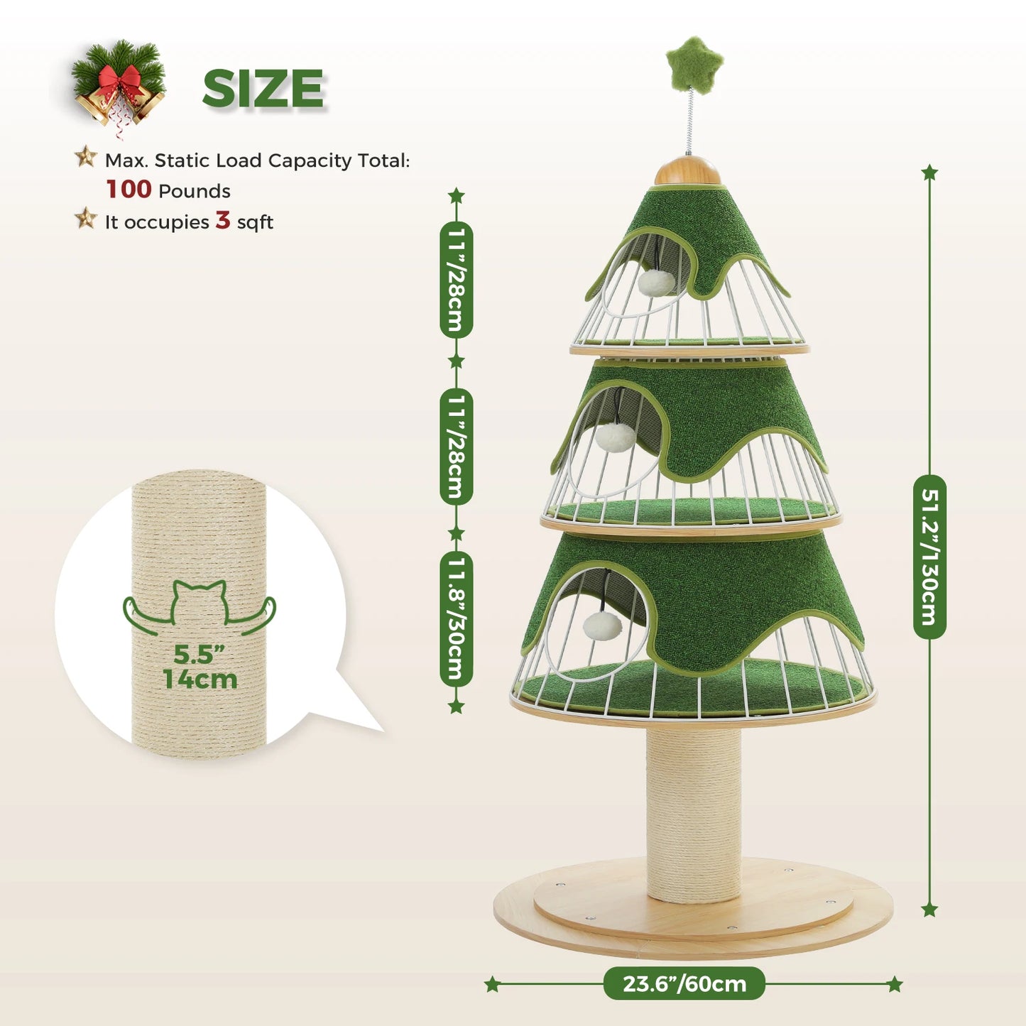 Christmas Cat Tree with 3 Cozy Condos, Sisal Scratching Post, Multi-Level Cat Tower, Cat House Bed for Indoor, Cat Furniture