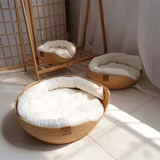 OUZEY Handmade Rattan Weaving Pet Cats Bed Comfortable Sleeping Breathable Cat Baskets Large Capacity Kitten Puppy Nesk Cushion