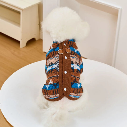 Boho Chic Dog Clothes Cat Winter Wear, Traditional Pattern Vest with Back Opening, Cozy Two-Legs Pet Sweater