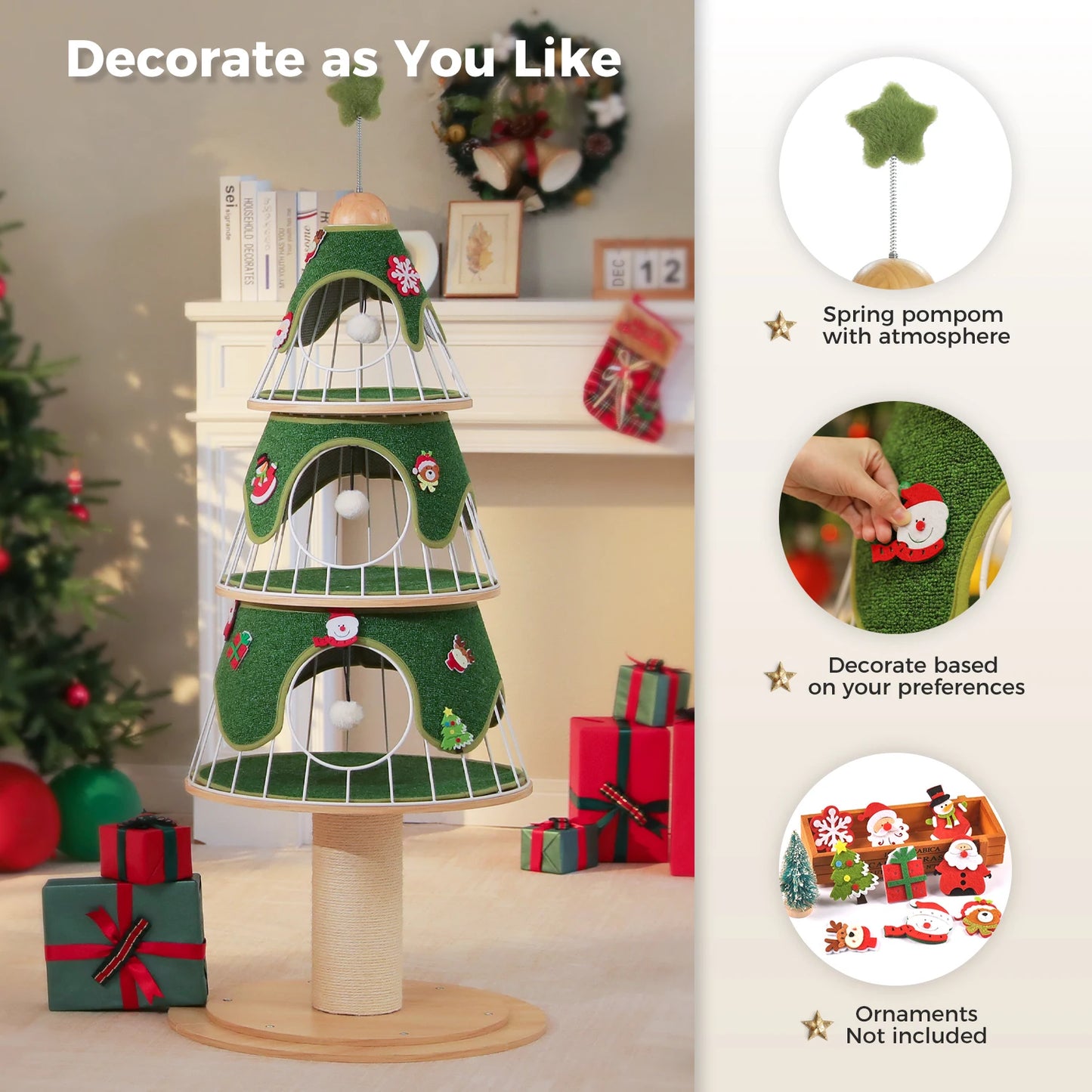 Christmas Cat Tree with 3 Cozy Condos, Sisal Scratching Post, Multi-Level Cat Tower, Cat House Bed for Indoor, Cat Furniture