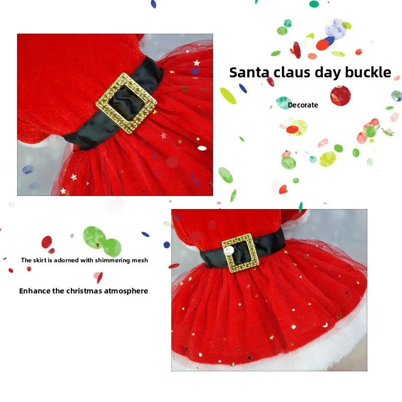 Festive Dog Dress Santa Claus Costume Red Mesh Skirt Christmas Gold Velvet Fabric Pet Clothing Party Birthday New Year Dress Up