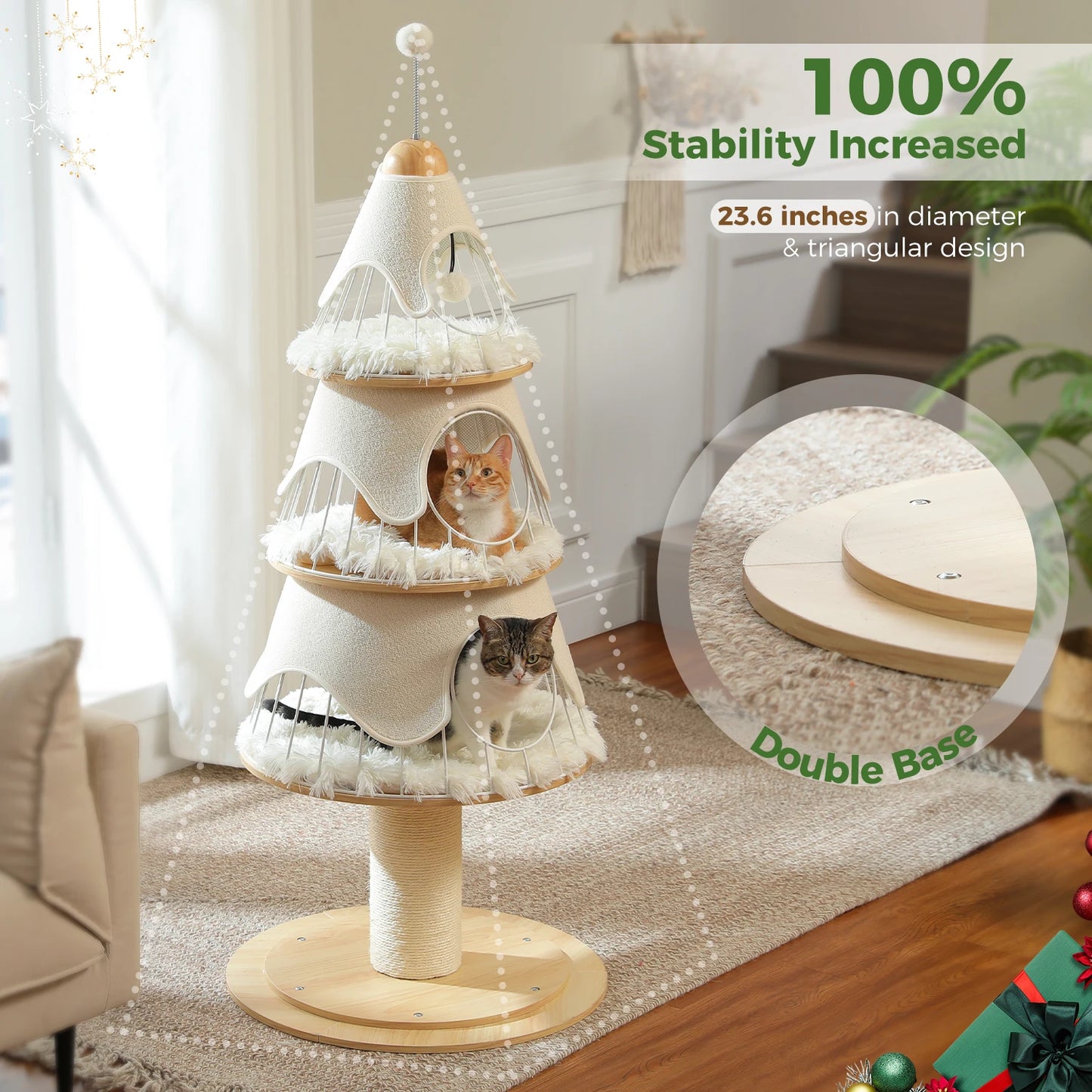 Christmas Cat Tree with 3 Cozy Condos, Sisal Scratching Post, Multi-Level Cat Tower, Cat House Bed for Indoor, Cat Furniture