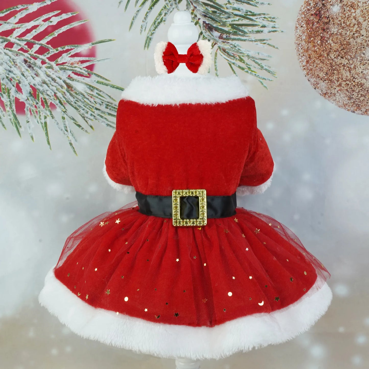 Festive Dog Dress Santa Claus Costume Red Mesh Skirt Christmas Gold Velvet Fabric Pet Clothing Party Birthday New Year Dress Up